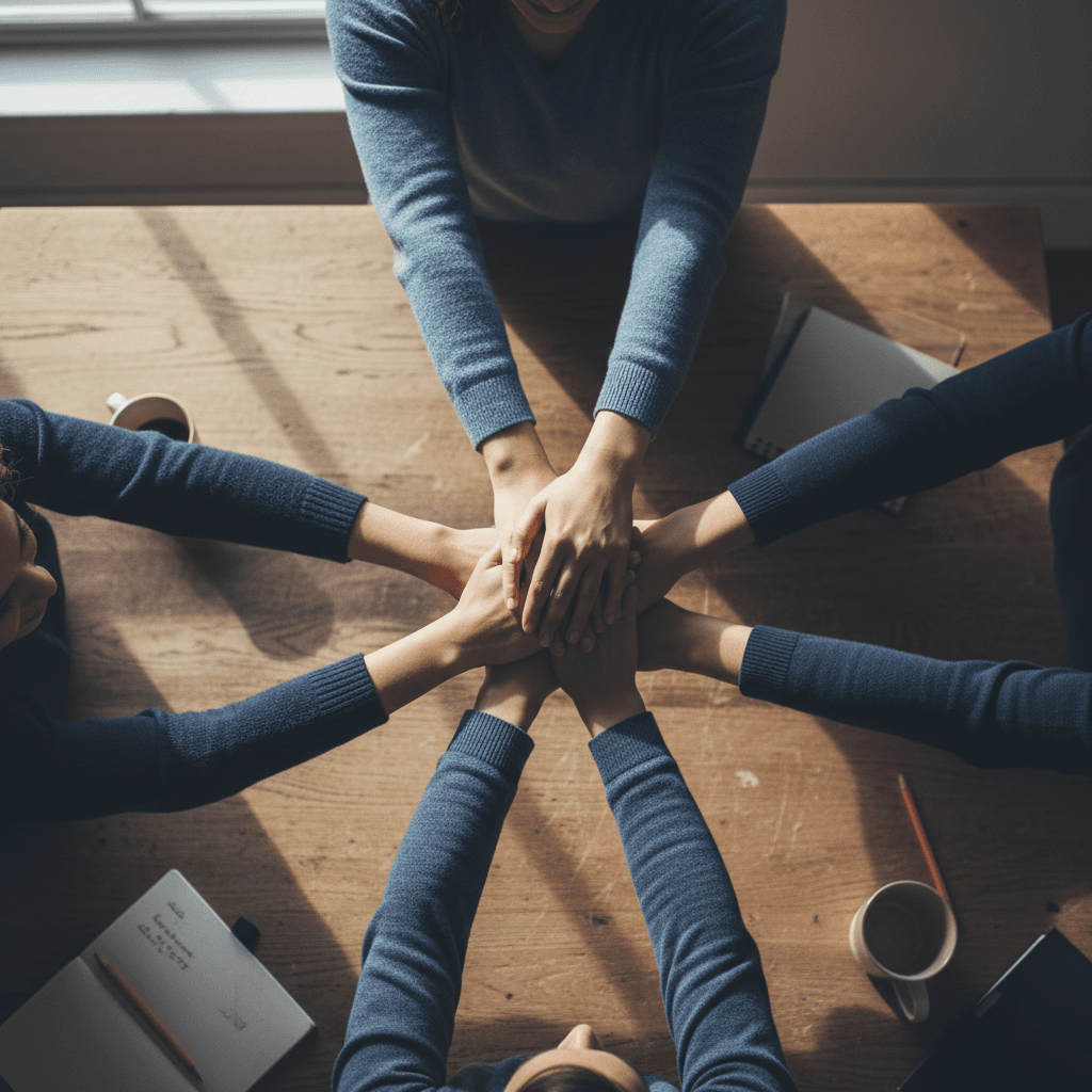 Community members joining hands in unity